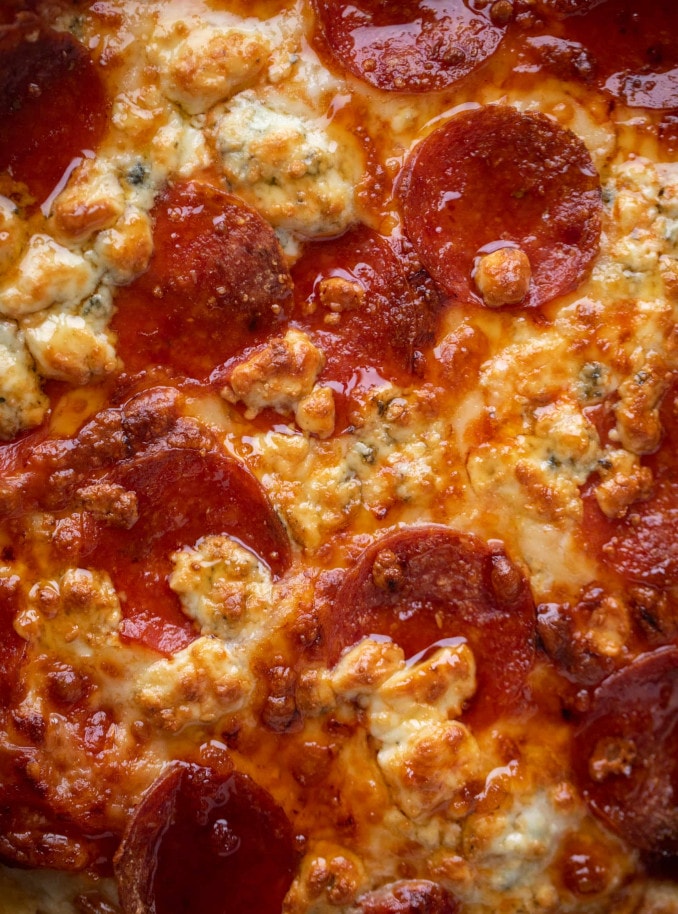 skillet pepperoni pizza up close - Skillet Pepperoni Pizza With Hot Honey And Blue Cheese