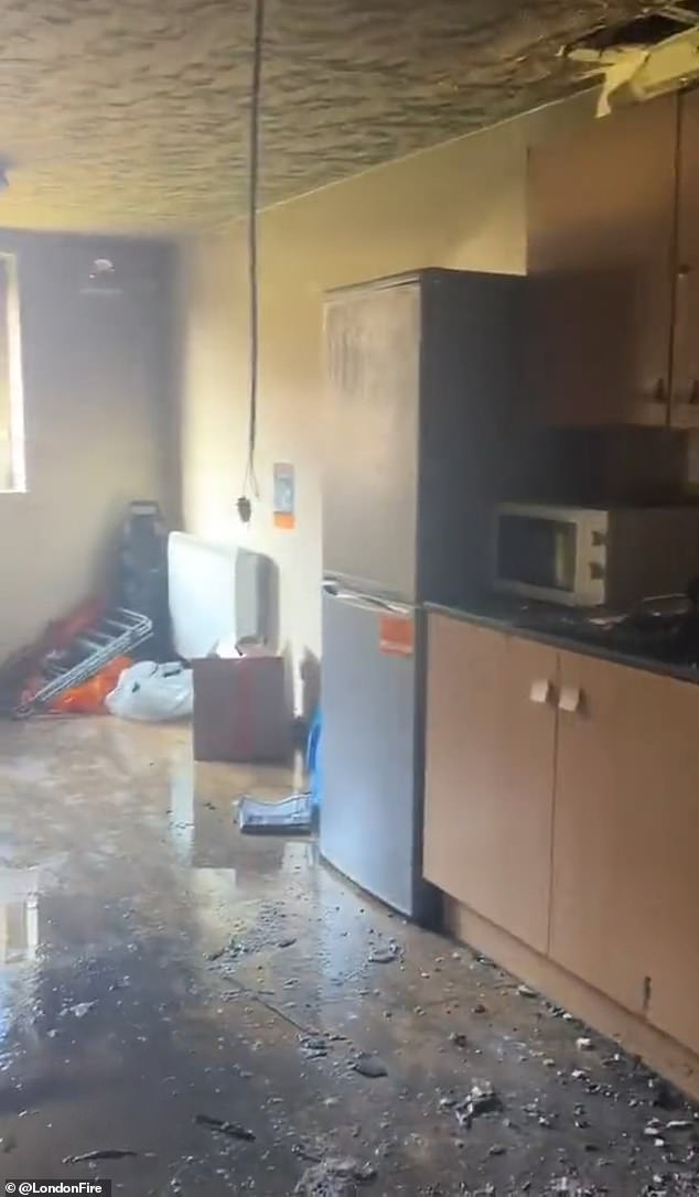 Footage shows the burnt out kitchen with debris everywhere and crumbling walls - University Students Burned Down Flat While Trying To Make A Toastie - After Following TikTok 'hack'