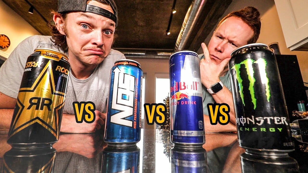 Rockstar vs. NOS vs. Red Bull vs. Monster | *ENERGY DRINK BLIND TASTE TEST* ⚡🥃
