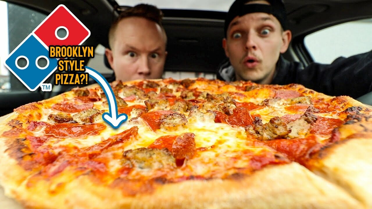 Eating Domino's $25 *BROOKLYN-STYLE PIZZA* with Pepperoni & Italian Sausage