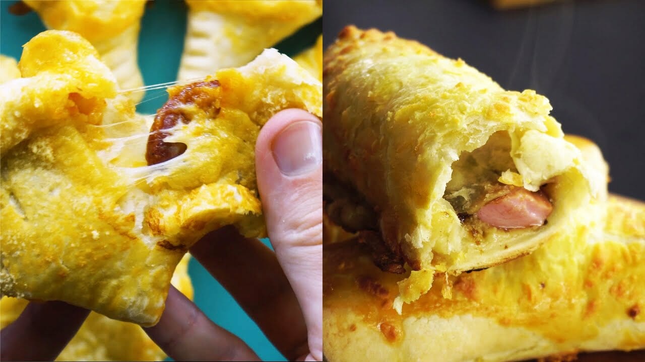 Easy Cheesy Pizza Pockets - Puff Pastry Hot Dogs sticks recipe